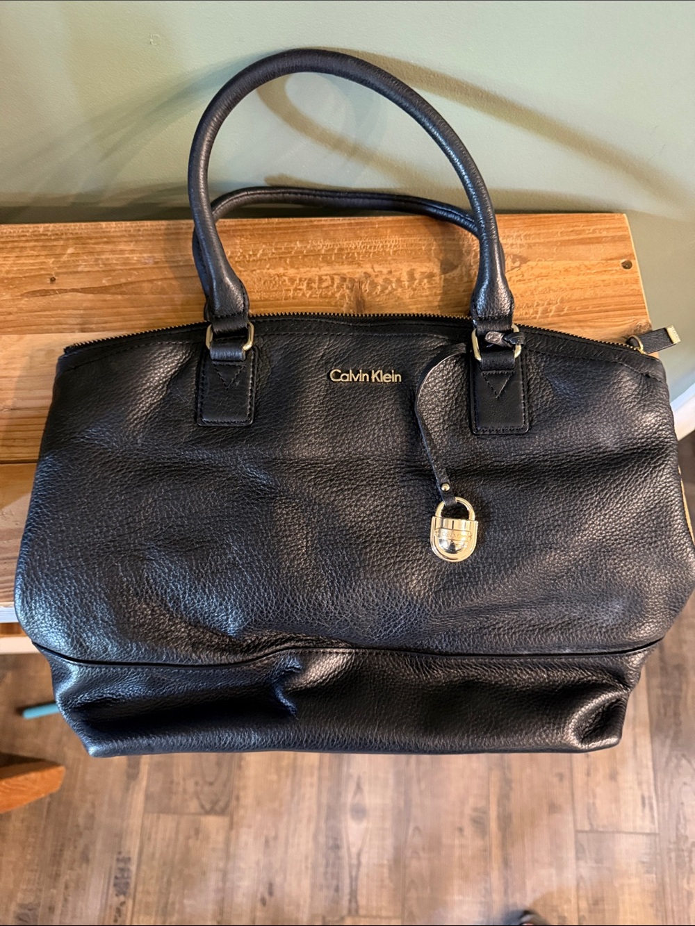 Calvin Klein Pebbled Leather Tote Black with Gold Logo